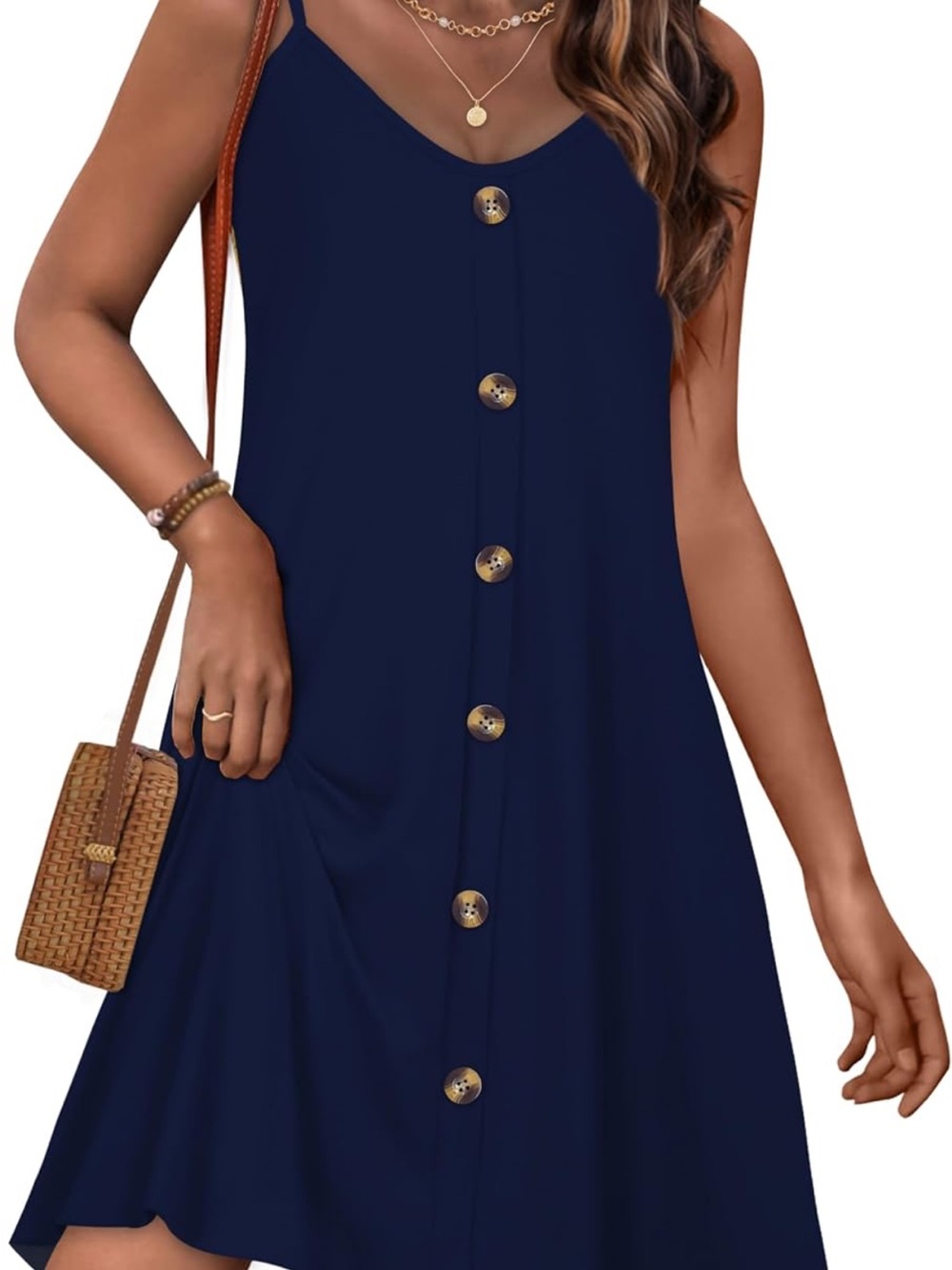 Navy Button-Front Spaghetti Strap Mini Dress